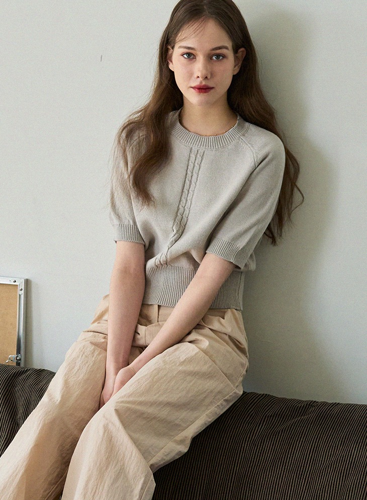 CABLE LINE LINEN HALF SLEEVE KNIT [L.GREY]