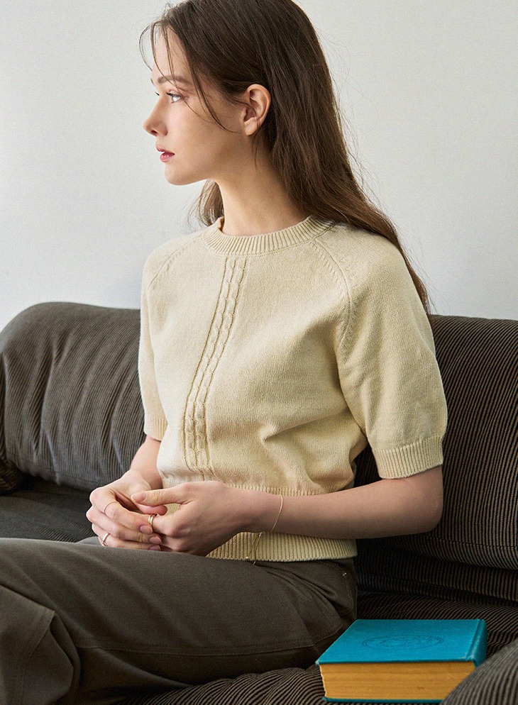 CABLE LINE LINEN HALF SLEEVE KNIT [IVORY]