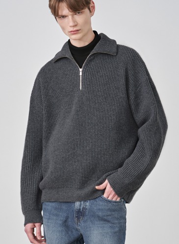 OVERSIZED ZIP-UP COLLAR TURTLE NECK KNIT [CHARCOAL]
