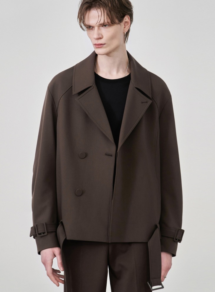 RELAXED WOOL SHORT TRENCH JACKET [DARK BROWN]