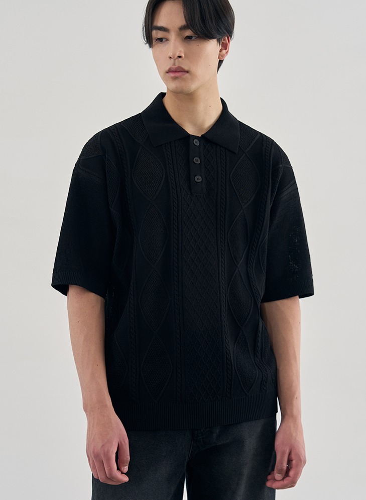 COOLING CABLE H-SLEEVE COLLAR KNIT [BLACK]