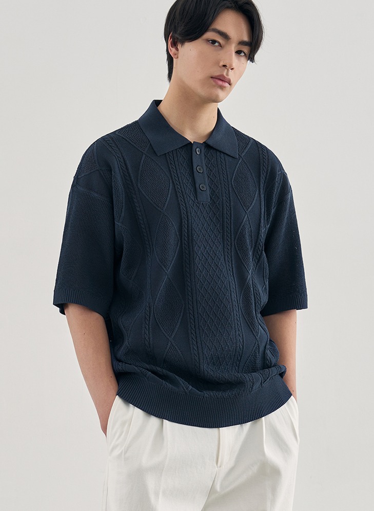 COOLING CABLE H-SLEEVE COLLAR KNIT [NAVY]