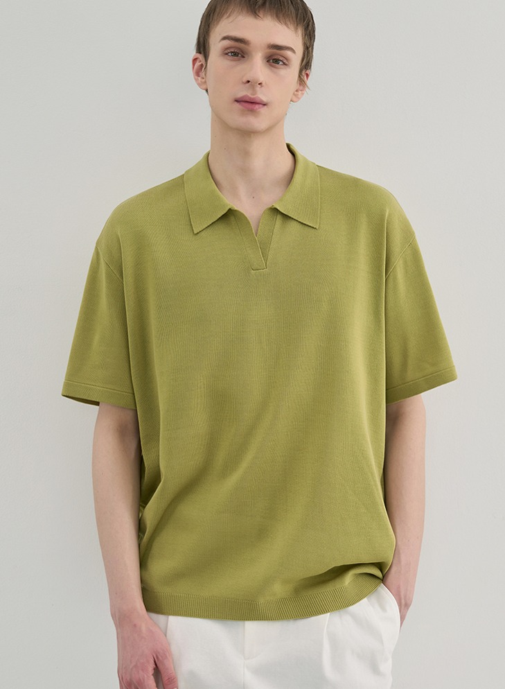 AIRY OPEN COLLAR HALF KNIT [OLIVE]