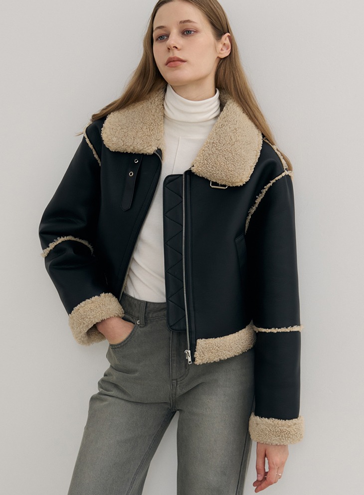 SHEARLING CROPPED MUSTANG JACKET [BLACK LEATHER]