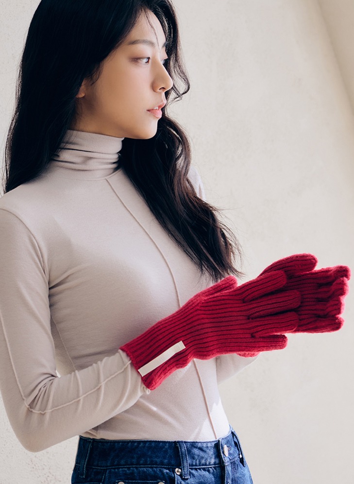FINGER HOLE RIBBED WOOL LONG GLOVE [RED]